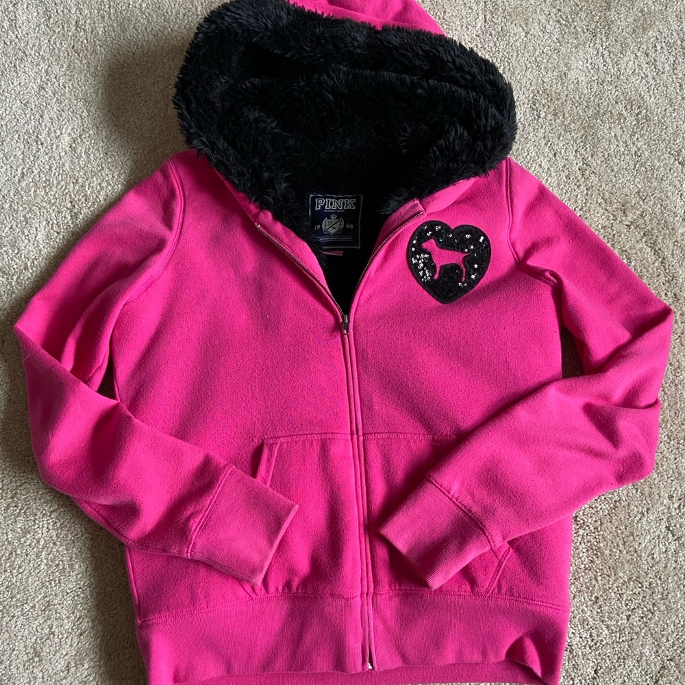 VS Pink Faux Fur Sequin Zip up